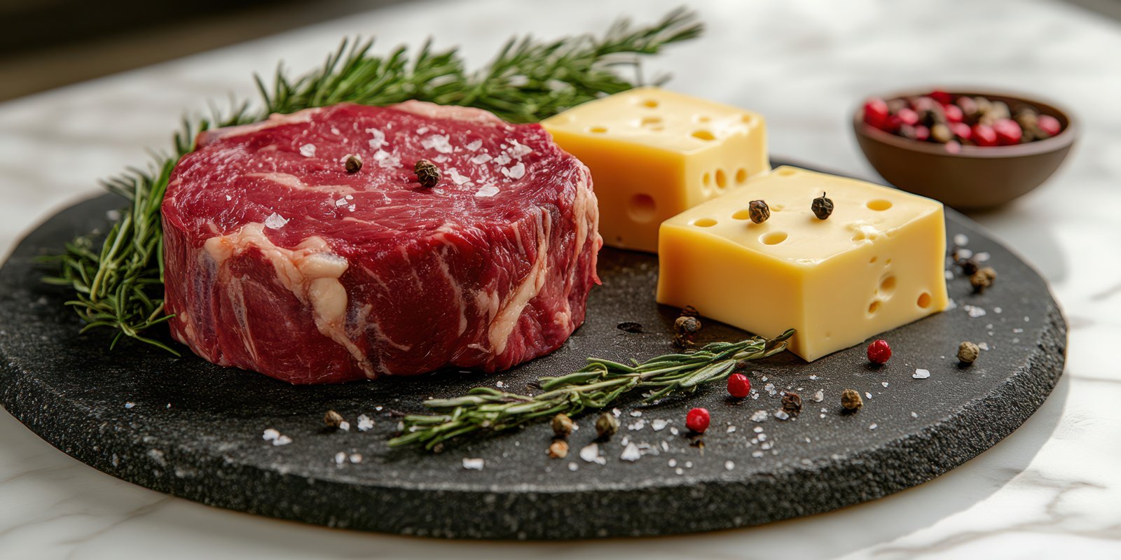 Fresh cut of beef accompanied by aged cheese on a stylish serving platter with herbs and spices